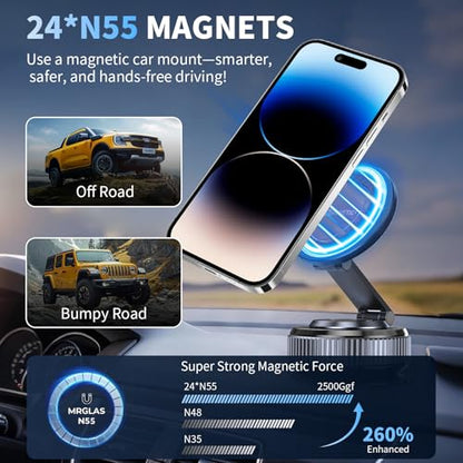 Car Phone Holder, 360°Adjustable Magnetic Phone Holder for Car,Super Magnetic Suction Cup Phone Mount,Phone Holders for Your Car for iPhone 17 Pro Max 16 15 14 13 12 Air Plus