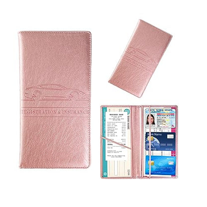 Kewucn Car Registration and Insurance Card Holder, Leather Auto License Document Glove Box Compartment Organizer, Essentials Vehicle Wallet Case for Driver License, ID Card (Rose Gold) - color: Large-Rose Gold-2