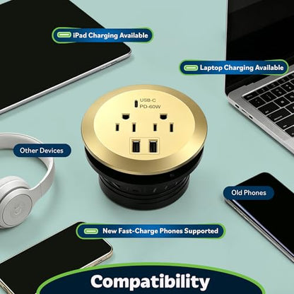 TOPGREENER Gold Desktop Power Grommet, Recessed Power Strip with GaN 60W PD - color: Gold