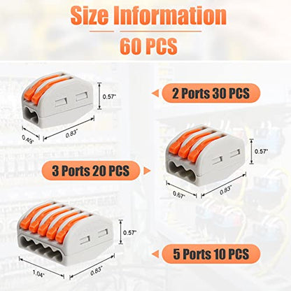 60Pcs Lever Nuts Wire Connectors, 2 3 5 Port Compact Splicing Electrical Wire Connector Assortment Kit for Wiring 28-12 AWG, Quick Connect Electrical Terminals
