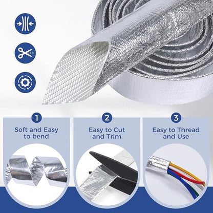 Automotive Aluminum Heat Shield Sleeve Wrap Wire Up to 485 °F, Cable Heat Shield Fire Sleeve Heat Resistance Silver Inner Diameter (1"-22ft) - size: 1"-22ft