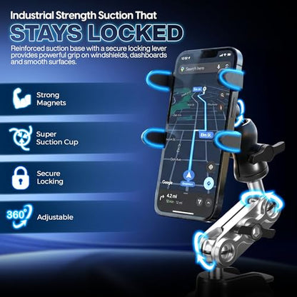 POV Car Recording Mount Atlas Suction Phone Mount for Windshield & Dashboard, 360° Adjustable Arm, Hands-Free Filming for TikTok, Driving Videos & Navigation