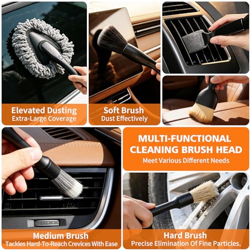 Car Detailing Brush Kit Interior & Exterior Cleaner, Ultra Soft Boars Hair Car Interior Detailing Brushes, 6 Different Detailing Brushes for Auto Detailing, Dashboard, Vents, Wheels and Tires