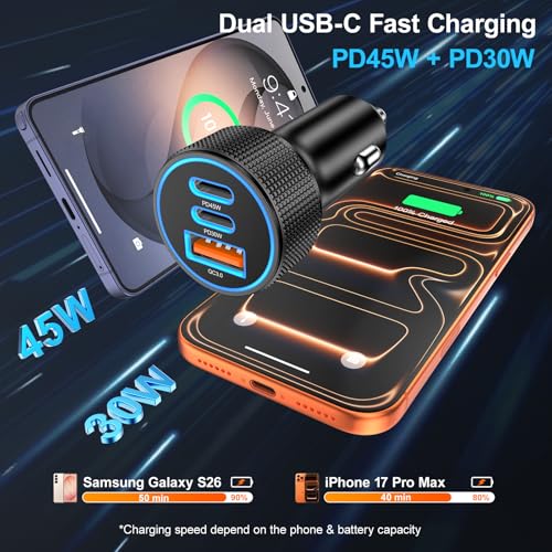 OKRAY 93W USB C Car Charger 3-Port PD45W+30W Super Fast Charge Car Charger - color: Black