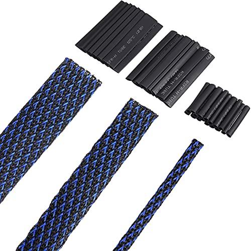 Boao 50ft PET Expandable Braided Cable Sleeve, Wire Loom Braid Sleeving with 127 Pieces Shrink Tube for Audio Video and Other Home Device Cable Automotive Wire(1 Inch, 1/4 Inch, 3/4 Inch,Blue) - color: Blue, size: 1 Inch, 1/4 Inch, 3/4 Inch