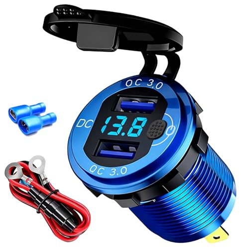 12V Flush Mount Car Charger, Aluminum Metal Body with LED Voltmeter and Switch, Dual QC3.0 USB Port for Marine, RV, Motorcycle & Panel Mounting (Blue) - color: blue