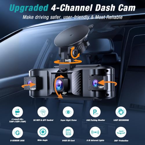 4 Channel 360° Dash Cam Front and Rear Inside with 5GHz WiFi 64GB Card