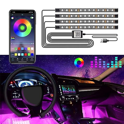 Car LED Strip Lights RGB 5050 4X 12-SMD Bar Colorful Bright Interior Atmosphere Under Dash Footwell Light, 5V USB Plug, Bluetooth APP and Remote Control, Music Sync