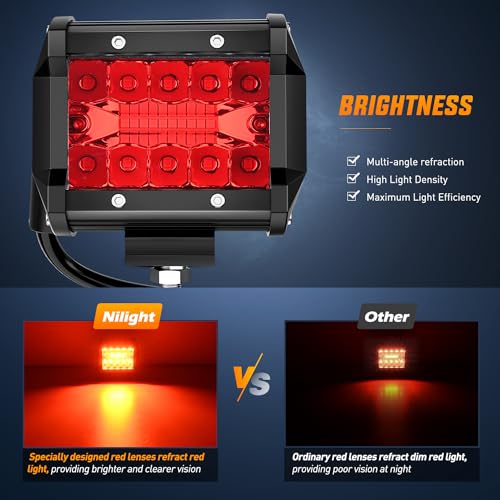 Nilight 4 inch LED Light Pod Red Triple Row 2PCS 60W Flood Spot Combo Driving Fog Lights Fishing Hunting Emergency Safety Signal Deck Trailer Lighting for UTV Pick-up Van Boat Tractor - color: Red Led Pods