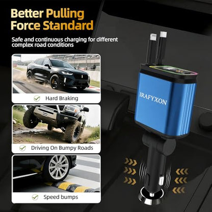 Retractable Car Charger with 31-Inch Cables 4 in 1 Fast Car Charger USB C Car Adapter with Starry Sky Light for iPhone 17 16 15 14 Car Accessories Gifts for Men Women Drivers (Blue) - color: BLUE