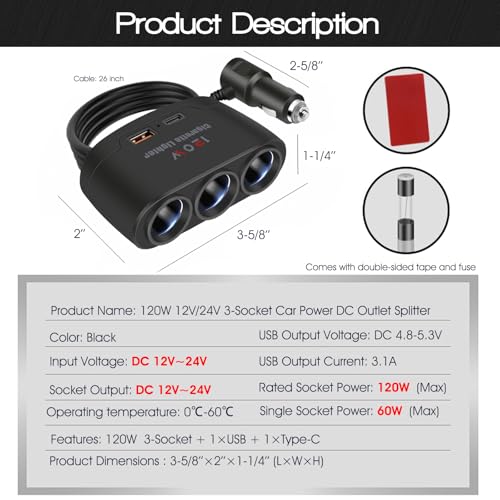 5 in 1 Cigarette Lighter Splitter, 3 Socket Car Charger Adapter + Type-C PD15W Charging + USB Charging Ports, Plug Outlet for All Car 12V/24V Devices