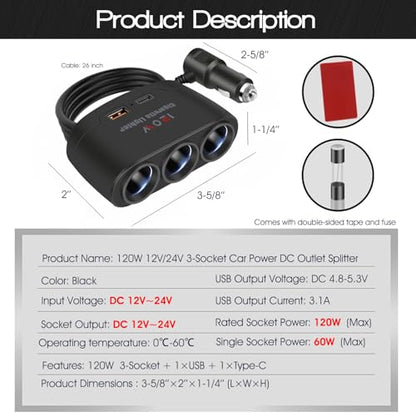 5 in 1 Cigarette Lighter Splitter, 3 Socket Car Charger Adapter + Type-C PD15W Charging + USB Charging Ports, Plug Outlet for All Car 12V/24V Devices