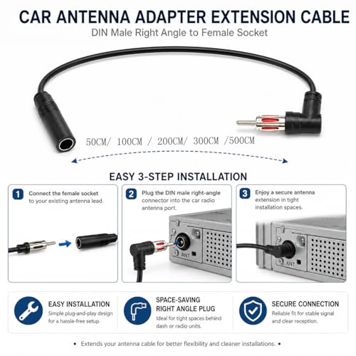 Car DIN Plug AM/FM Radio Stereo Male Right Angle to Female Adapter Antenna Connector Antenna Extension Cable Conversion Cable (20 inch) - size: 20 inch