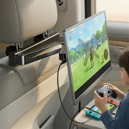 Heavy Duty Metal Car Headrest Mount for 15.6‘’ Portable Monitor, 2-in-1 VESA&Clip Stand for 4.7-20" Screen, Backseat Gaming Holder Compatible with Switch, iPad, iPhone, Stable Road Trip Stand for Kids