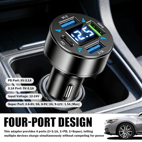 4 Ports Car Charger Adapter,12V/24V Car Cigarette Lighter USB Charger Including 3.1A/PD/Super Fast Charging Ports,Upgraded Cars Phone Chargers with LED Voltage Display & Soft Light