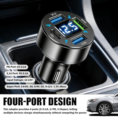 4 Ports Car Charger Adapter,12V/24V Car Cigarette Lighter USB Charger Including 3.1A/PD/Super Fast Charging Ports,Upgraded Cars Phone Chargers with LED Voltage Display & Soft Light