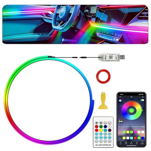 Dreamcolor Acrylic Interior Car LED Strip Lights,43.3in USB RGB Neon Flexible Strip Fiber Optic LED Ambient Lighting Kits with Remote APP, RGB Music Lights Sync for Inside car Decorations - color: Dreamcolor 1 in 1