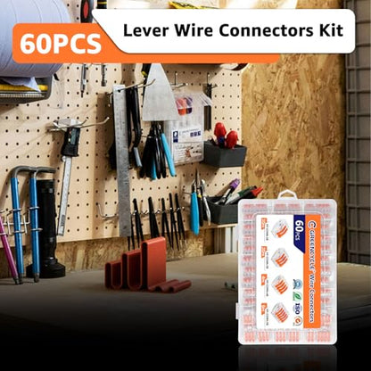 GreenCycle 60PCS Lever Wire Connectors, Quick Wire Splice Connectors Push-in, 2/3/5 Transparent Housing Conductor Combination Kit with 2, 3, 5 Port, 28-12 AWG,for Home Lighting & Car Audio - size: 60PCS, style: 1/2/3/4/5P Box Kit