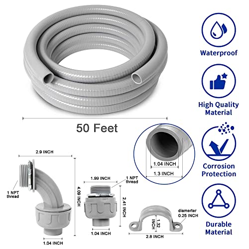 (1 inch Dia * 50 Feet) Yariwiz Flexible Electrical Conduit Liquid Tight PVC Conduit Kit with 5 PCS Coupling, 3 PCS Elbow and 10 PCS Strap, Sealtight Seal Flex Liquidtight Outdoor Non Metallic Grey - style: 1"-50ft Kit-Grey