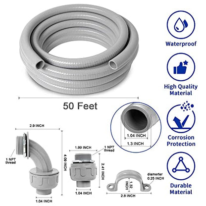(1 inch Dia * 50 Feet) Yariwiz Flexible Electrical Conduit Liquid Tight PVC Conduit Kit with 5 PCS Coupling, 3 PCS Elbow and 10 PCS Strap, Sealtight Seal Flex Liquidtight Outdoor Non Metallic Grey - style: 1"-50ft Kit-Grey