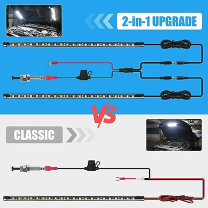2-in-1 Under Hood LED Light Kit, Waterproof 12V Car LED Light Bar Car Underhood Work Lights with Automatic On/Off, 2pcs 36cm/14.17in 21LEDs Light Strip Kit, Universal Fits Any Vehicle