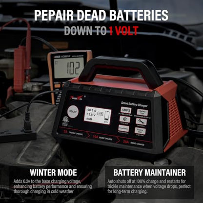 TowerTop 2/10/25 Amp 12V Smart Car Battery Charger, Fully Automatic Battery Maintainer with Engine Start, Auto Desulfator, Battery Repair, Winter Mode, for AGM, STD, Gel, Deep Cycle Batteries - color: 25A