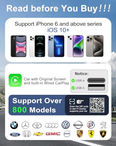 𝟐𝟎𝟐𝟓 𝐔𝐩𝐠𝐫𝐚𝐝𝐞𝐝 Wireless CarPlay Adapter for Apple iPhone iOS 10+,USB/USB C Mini Design for Convert Wired to Wireless Car Play Adapter,Plug and Play Stable No Latency from iPhone to Screen