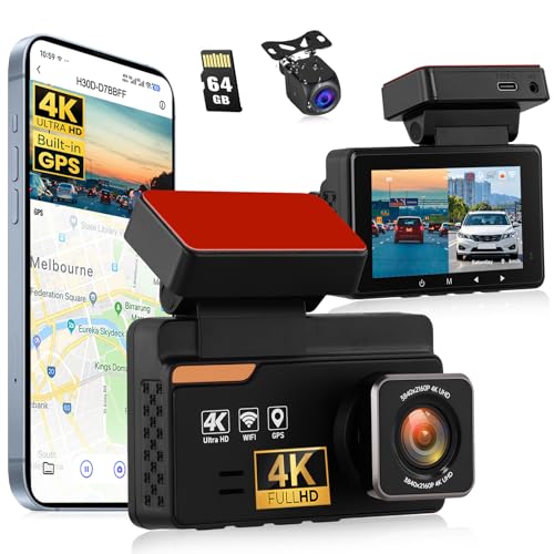SIXTOP 4K Dash Cam Front and Rear, 4K+1080P Dual Dash Camera for Cars with 64G Card, GPS, BSD/ADAS/LCA Night Vision WDR WiFi &App Control G-Sensor 3” IPS Screen Loop Recording 24H Parking Mode