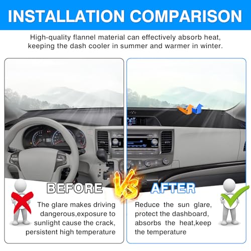Autorder Dashboard Cover Mat for Toyota Sienna 2011-2014 Accessories Dash Cover Upgrade Flannel Dash Mat Sunshade Glare UV Rays Protector - size: Black 11-14 Sienna