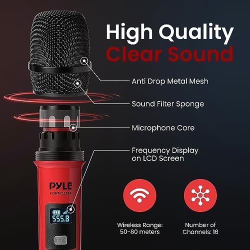 Pyle 4 Channel Wireless Microphone System, Portable UHF Band Receiver System, Independent Channel Controls, RF Signal LCD Indicator, Digital Audio Microphone Set with 4 Handheld Microphones (Red) - style: Set of 4 Mics