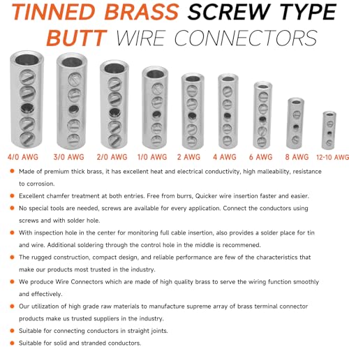 4 Gauge Wire Butt Connectors 6 PCS Tinned Brass Mechanical Butt Splice Connectors Kit 4 AWG Mechanical Repair Splice Kit Splice Screw Sleeves 6 PCS Mechanical Splices with 6 PCS 3:1 Heat Shrink Tubes - color: Tinned Brass