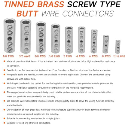 4 Gauge Wire Butt Connectors 6 PCS Tinned Brass Mechanical Butt Splice Connectors Kit 4 AWG Mechanical Repair Splice Kit Splice Screw Sleeves 6 PCS Mechanical Splices with 6 PCS 3:1 Heat Shrink Tubes - color: Tinned Brass