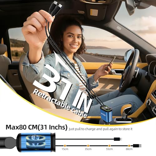 Retractable Car Charger with 31-Inch Cables 4 in 1 Fast Car Charger USB C Car Adapter with Starry Sky Light for iPhone 17 16 15 14 Car Accessories Gifts for Men Women Drivers (Blue) - color: BLUE