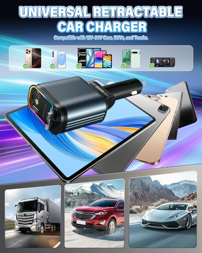 LivTee Starlight 4-in-1 Retractable Car Charger, 66W USB-C & Dual USB Ports, Fast Charging for iPhone & Android, Starlight Car Phone Charger, Car Accessories, for Men & Women (Dark Grey) - size: Retractable Charger