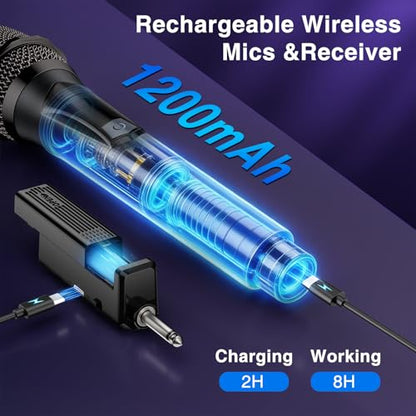Wireless Microphone,Professional Dual Handheld Cordless Dynamic Mic System with Rechargeable Receiver,Plug & Play,Compatible with karaoke machines and PA systems for Speech,Church,Wedding,DJ,Party