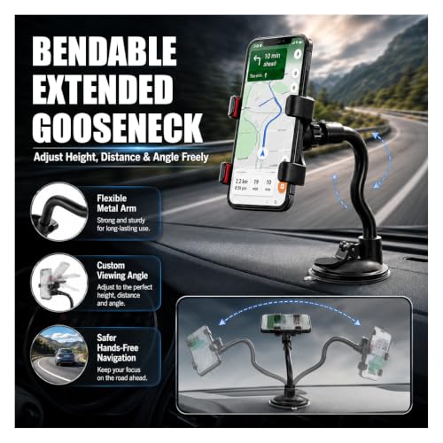 Car Windshield Suction Cup Phone Holder, 360° Rotation Auto Window Cell Phone Mount with Long Arm Clamp, Universal Anti-Shake Vehicle Dash Mobile Phones Holder for All Smartphones (Black)