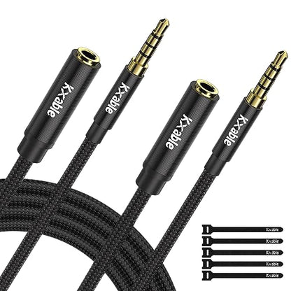 2 Pack 3.5mm Headphone Extension Cable 12FT, 4 Pole TRRS 1/8 inch Male to Female Stereo Audio Cord, Nylon Braided, Microphone Compatible, for Headphone, iPad, Smartphone, Media Players, Tablet- Slim - size: 12FT (2-Pack)