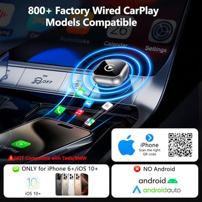 2025 Upgraded Wireless CarPlay Adapter for iPhone | Ultra-Mini Metal, Convert Wired to Wireless, Bluetooth 5.3 Fast Stable Connection, Plug & Play, 800+ Factory CarPlay Wired Cars, iOS 10+