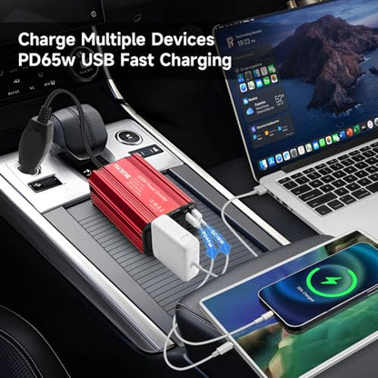 400W Power Inverter, FSATBTNE DC 12V to 110V AC Car Plug Adapter Outlet Converter with [65W PD USB-C] & [18W QC USB-A] Fast Charging Ports and 2 AC Outlets Car Power Inverters for Vehicles - color: Red