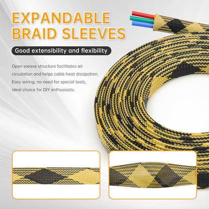 Braided Wire Loom Sleeve - Pet Proof Chew Resistant Cable Wrap, High Density Expandable Cable Sleeving for Automotive Wire Harness & PC Computer Case 16.4ft (Black Yellow, 4mm (5/32")) - color: Black Yellow, size: 4mm (5/32")
