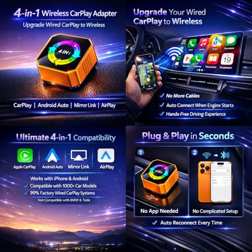 Bluradio 4-in-1 Wireless CarPlay Adapter for Wired CarPlay, Android Auto