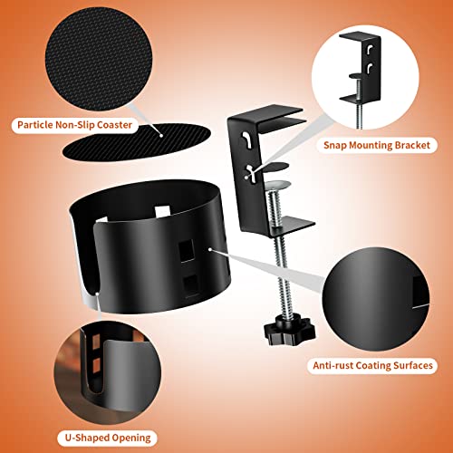 OOKUU Upgraded Large Desk Cup Holder Clamp, Anti-Spill Table Cup Holder, Metal Office & PC Gaming Desk Accessories, Compatible with Universal Cup, Bottles, Pencil Holder (Black) - color: Black, size: 3.95 inch