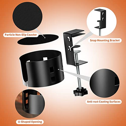 OOKUU Upgraded Large Desk Cup Holder Clamp, Anti-Spill Table Cup Holder, Metal Office & PC Gaming Desk Accessories, Compatible with Universal Cup, Bottles, Pencil Holder (Black) - color: Black, size: 3.95 inch