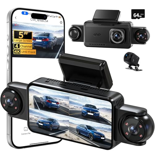 360°View 4 Channel Dash Cam, 5'' IPS Large Screen Dash Camera for Cars, 4K+1080P Front and Rear Inside Left Right, Built-in IR Night Vision, 24H Parking Mode, 64GB SD Card, Wireless APP Transmission