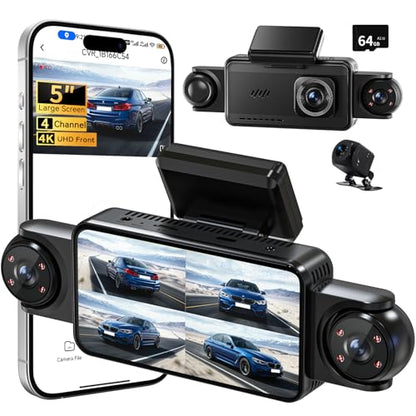 360°View 4 Channel Dash Cam, 5'' IPS Large Screen Dash Camera for Cars, 4K+1080P Front and Rear Inside Left Right, Built-in IR Night Vision, 24H Parking Mode, 64GB SD Card, Wireless APP Transmission