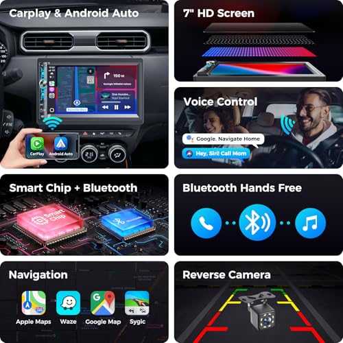 7" Double Din Car Stereo with Wireless Apple Carplay & Android Auto, Bluetooth, 240W, SWC, Subwoofer Out, Mirror Link, USB-C/AUX/TF, FM/AM Car Radio Receiver, Backup Camera - style: Volume knob + 4 physical buttons