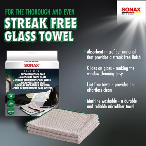 SONAX Glass Cleaning Microfiber Cloths | Lint-Free Waffle Weave Towels for Streak-Free Glass & Mirrors | Ultra-Absorbent, Non-Shedding, High Clarity Finish | 3-Pack | 451541 | 16" x 16"