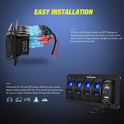 Nilight 4 Gang Rocker Switch Panel with 4.8 Amp Dual USB Charger Voltmeter - color: Blue, size: 5 Gang Dual USB