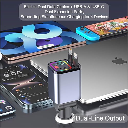 4-in-1 Retractable 30W Fast Car Charger, Dual USB-C Lightning Cable, 180° Adjustable Ambient Light 12V-24V