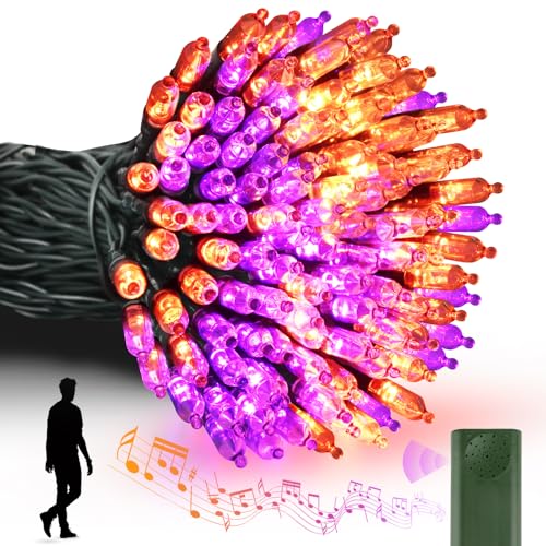 Tcamp Battery Operated Halloween Lights Motion Activated Sync with Music - color: Orange + Purple, size: 33ft 100LED